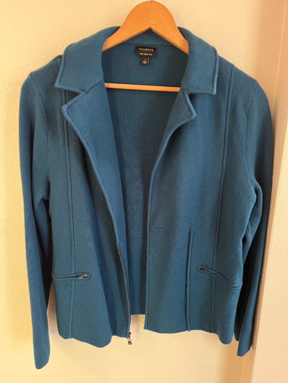 Talbots 100% Merino Wool Half-Zip Knit Blazer Jacket w/Zipper Pockets in Teal